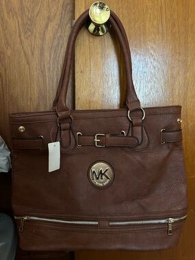 Michael Kors Copy Brown Leather Tote with Gold MK Emblem